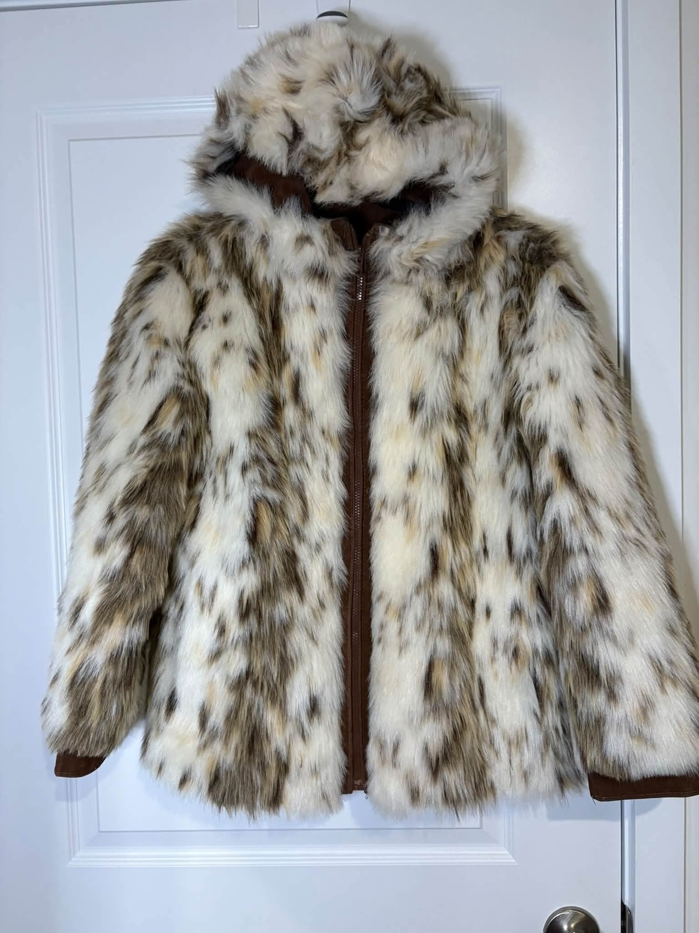 Faux Fur Hooded Jacket in Cream and Brown